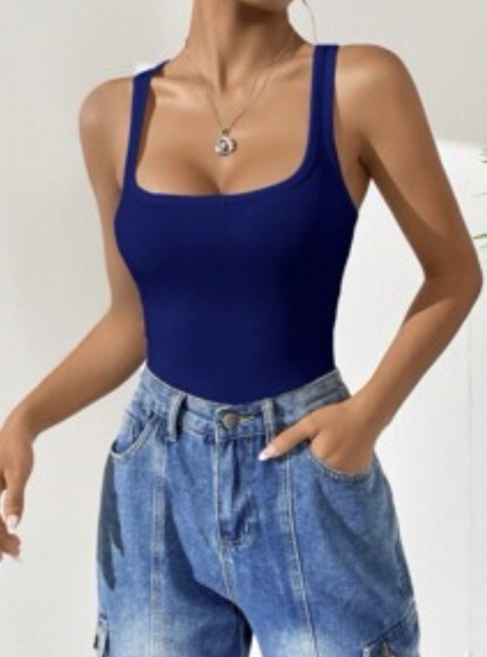 Womens blue square neck ribbed knit tank bodysuit shirt top size S sleeveless