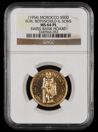 (1954) Morocco 500D Tangier X-2 Gold N.M. Rothschild & Sons NGC MS64 PL 053