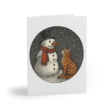 Snowman & Cat Greeting Cards Set, Winter Wishes, Holiday Cards, Seasonal 