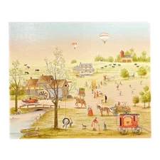 Vintage Folk Art Oil Serigraph Canvas Artist Signed C. Carson 24x20 Primitive