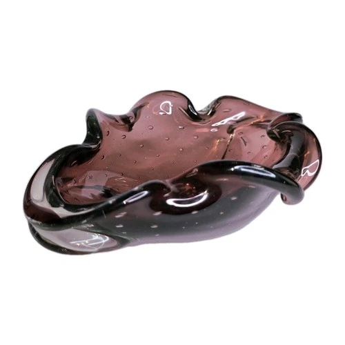 Vintage Murano Style Bullicante Plum Amethyst Art Glass Cigar Ashtray Bowl MCM