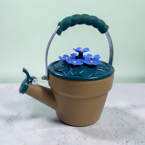 RARE Vintage VIA Ancona Teapot Tea Kettle Flowers Blue Terracotta Whistle 90s