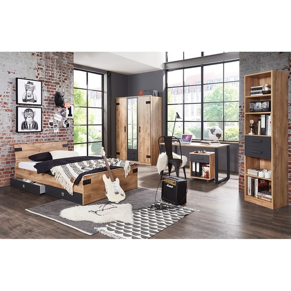 Jugendzimmer Set Bett Schrank Schreibtisch Regal Rollcontainer Eiche Graphit-image