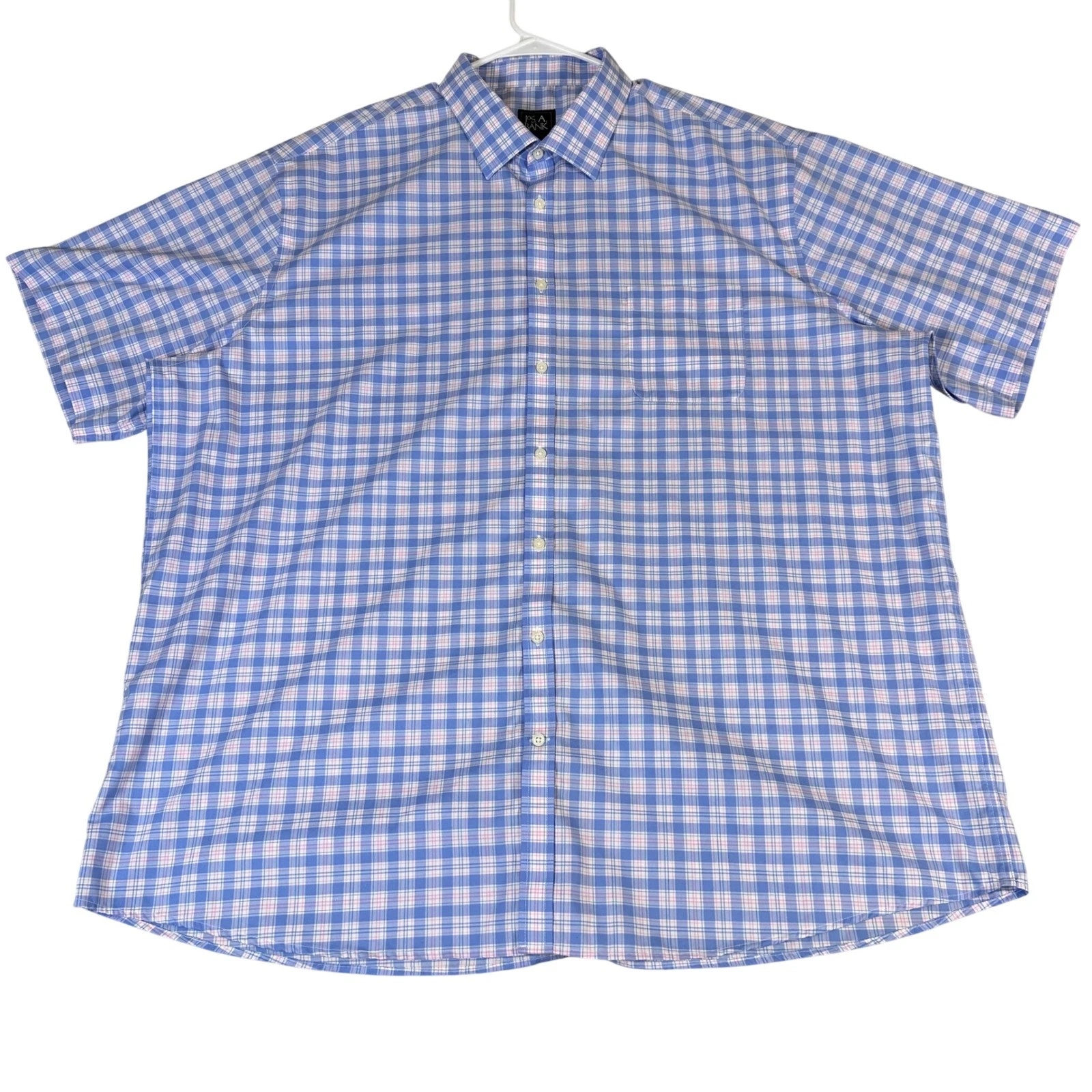 Jos. A. Bank Traveler Shirt Mens 2X Tailored Fit Blue Pink Plaid Short Sleeve