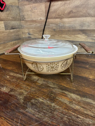VINTAGE PYREX "GOLD HEX SIGNS" 4 QT BOWL # 404 W/ LID 626-O A-1 IN WIRE STAND