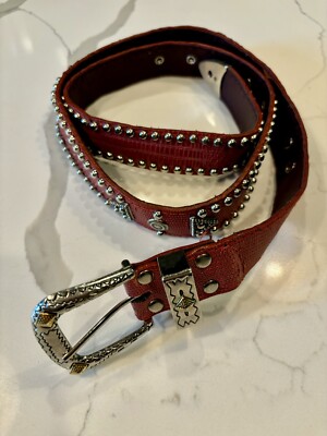 Vintage RED Leather Belt With Silver Style Design Women display picture 2