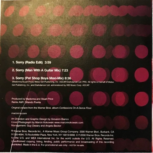 MADONNA CD SORRY Rare UK PROMO 3 TRACK Acetate Warner In-House - 100 MADE PSB - Picture 3 of 7