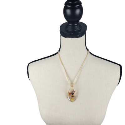 Handcrafted Murano Glass Leaf Shape Pendant Necklace 11.5'' on Cord & Ribbon NWOT