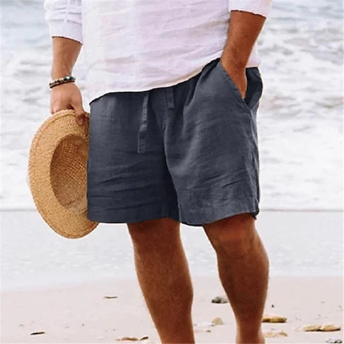 Herren Baumwolle Leinen Shorts Sommer Strand Kordelzug Taille kurze Hose - Bild 14 von 28