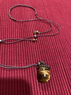 Tiger s Eye Acorn Pendant with 14  Leather Beaded Necklace