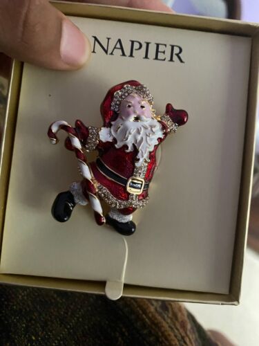 Napier Santa Claus Christmas Candy Cane Brooch Pin Gift Box NEW Gold Tone Cute - Picture 1 of 2