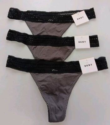 DKNY Woman's Thong Underwear - Grey/Blk - Small - 3 Pack (Style DK5007) NWT AB8