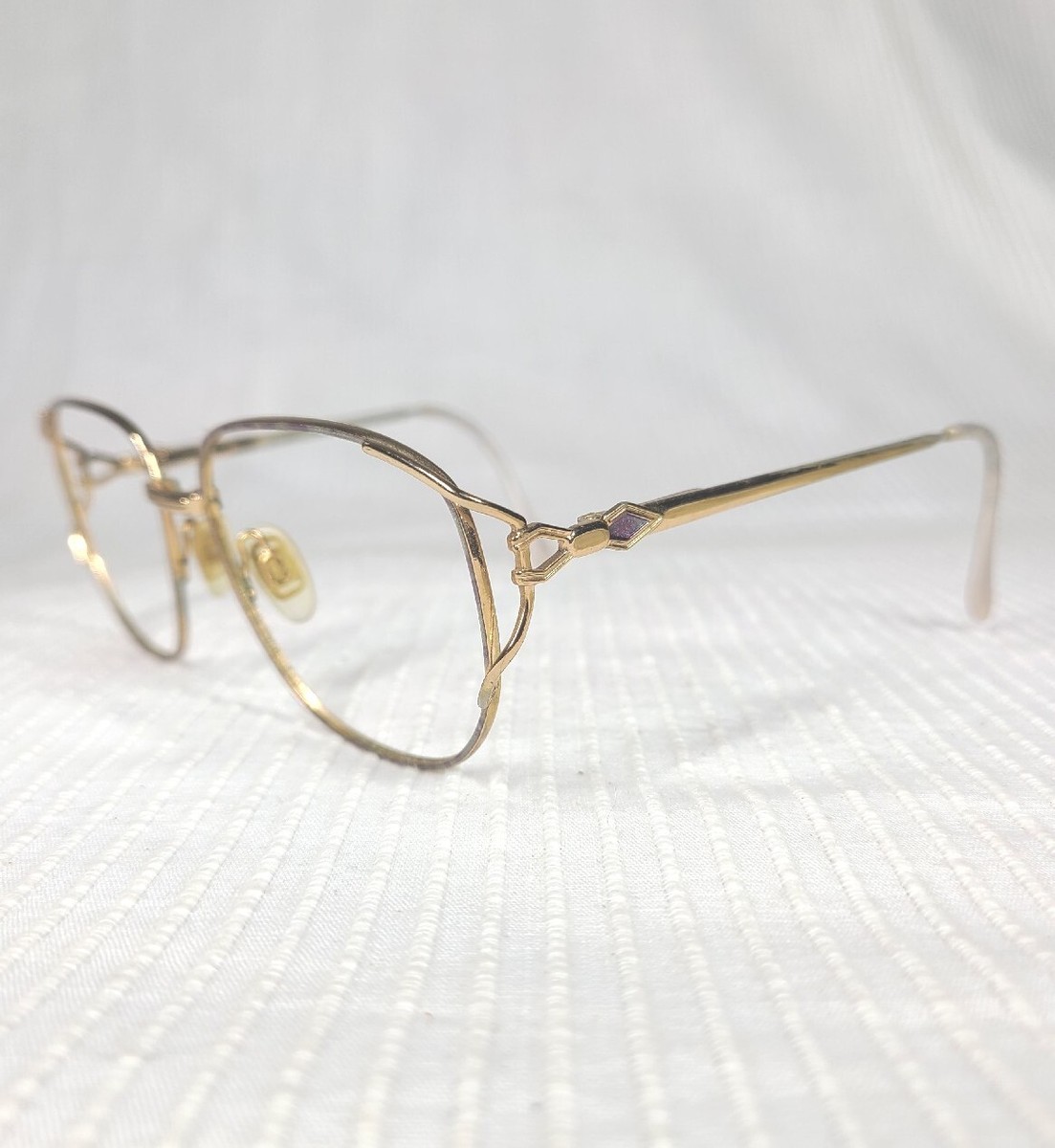 Vtg 90s Thin Gold Metal Oversize Glasses Frames Ice Lilac Enamel Detail Optical View 4