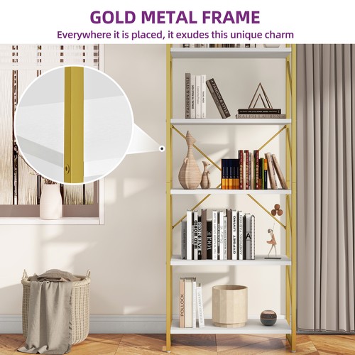 5 Tier Industrial Bookshelf Bookcase Plant Stand Storage Rack with Metal Frame - Picture 4 of 26