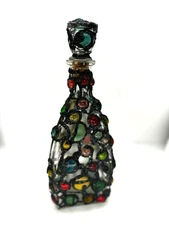 Decanter Jeweled multi color stained glass Mosaic bottle triangular 12" stopper