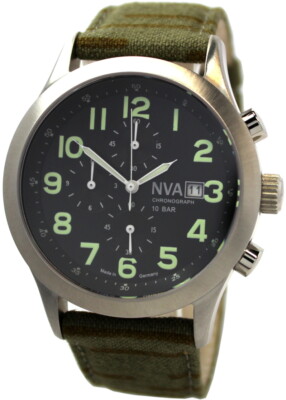 HEKTOR Germany NVA Stoffband Herrenuhr Quarz Chronograph Edelstahl 42mm 10ATM