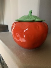 Vintage Large  Strawberry Cookie Jar  Very Collectible Red Green Adorable