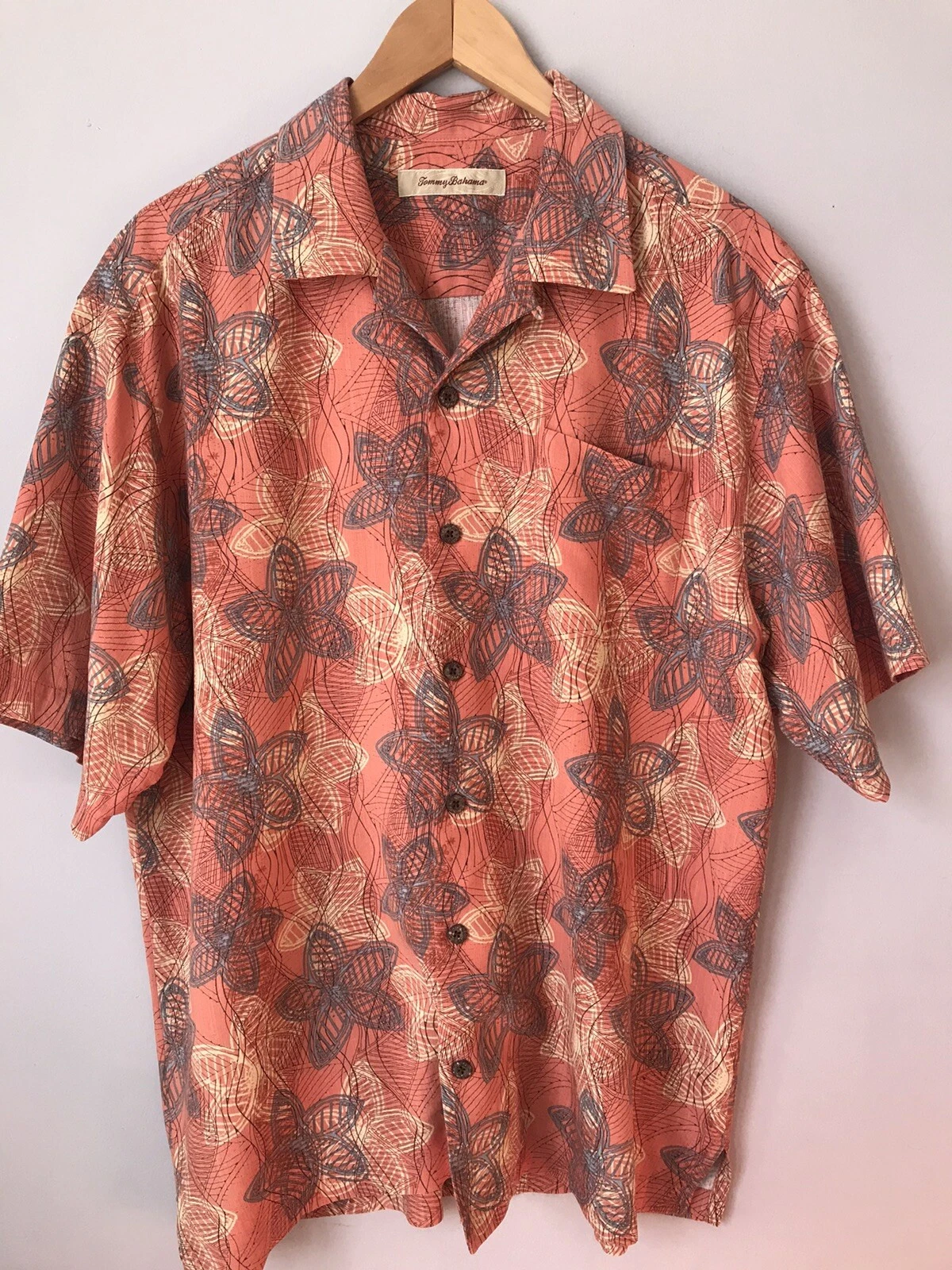 Tommy Bahama Floral Hawaiian Print Silk Orange Button Front Shirt Sz L
