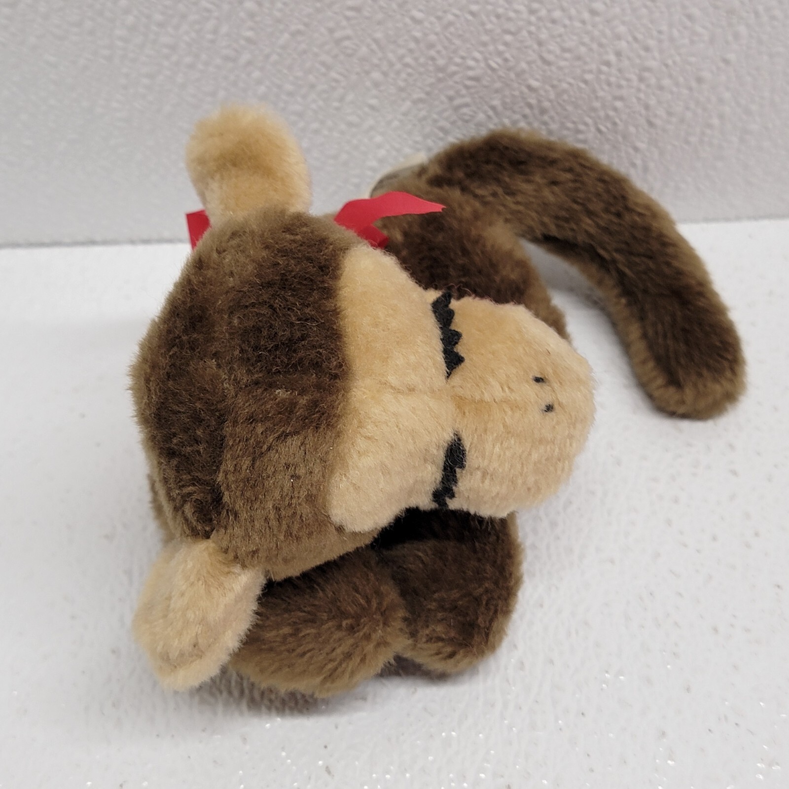 Vintage 1977 Russ Sidney Sleeping Brown Monkey Plush Red Ribbon 6"