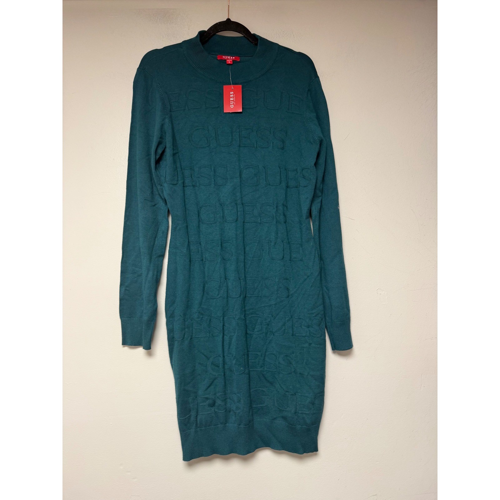 Guess Sweater Dress Womens XL Teal Green New Embossed Logo Mock Neck Knit