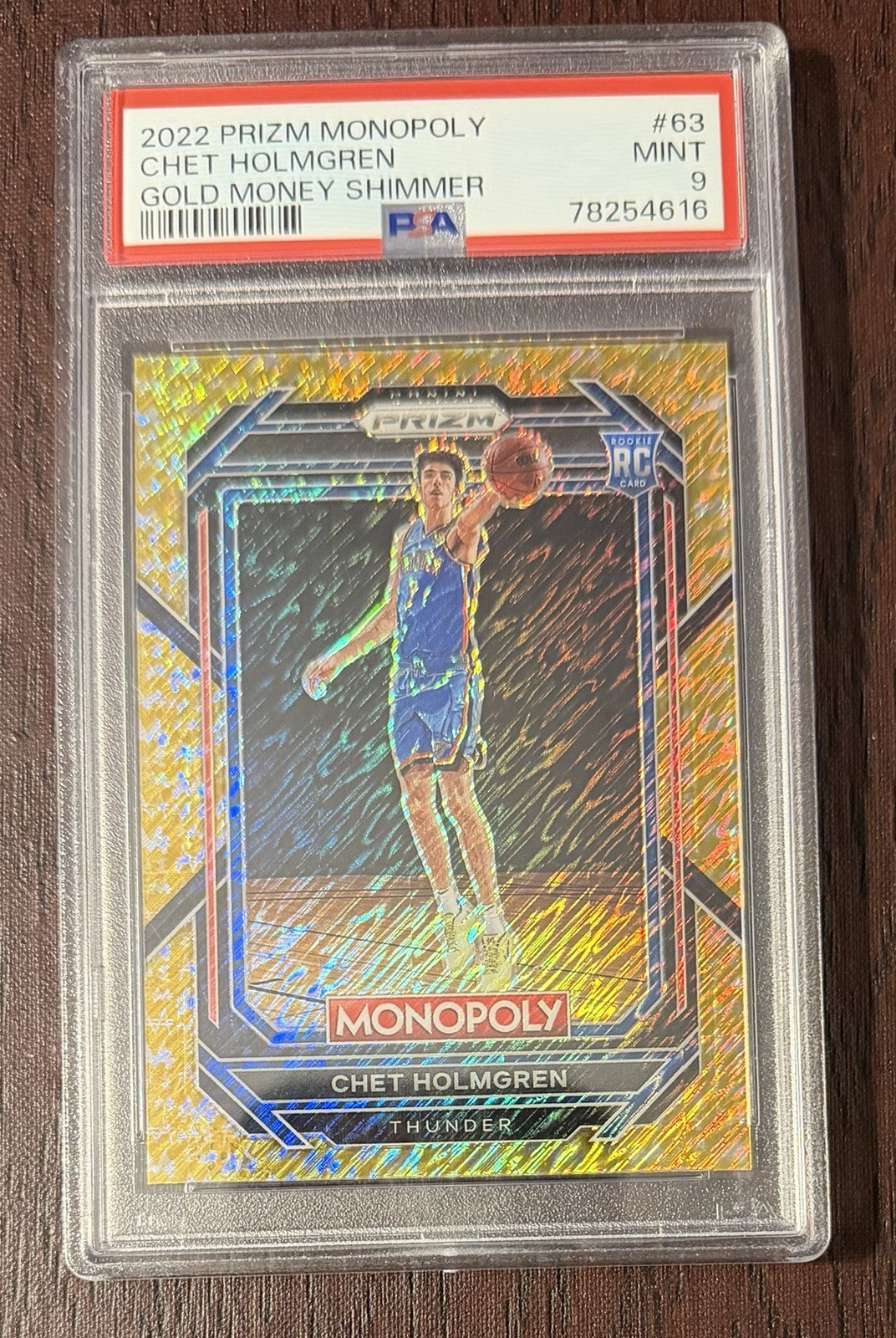 2022-23 Panini Prizm Monopoly Chet Holmgren #63 Gold Money Shimmer RC /500 PSA 9