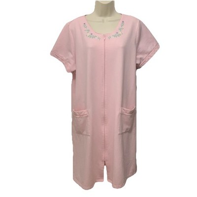 Classic Elements Pink Zip Front Housecoat Robe Floral Embroidered LG