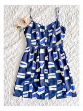 J.CREW Blue/White Geometric Fit & Flare V-Neck Strappy Dress Lined 2
