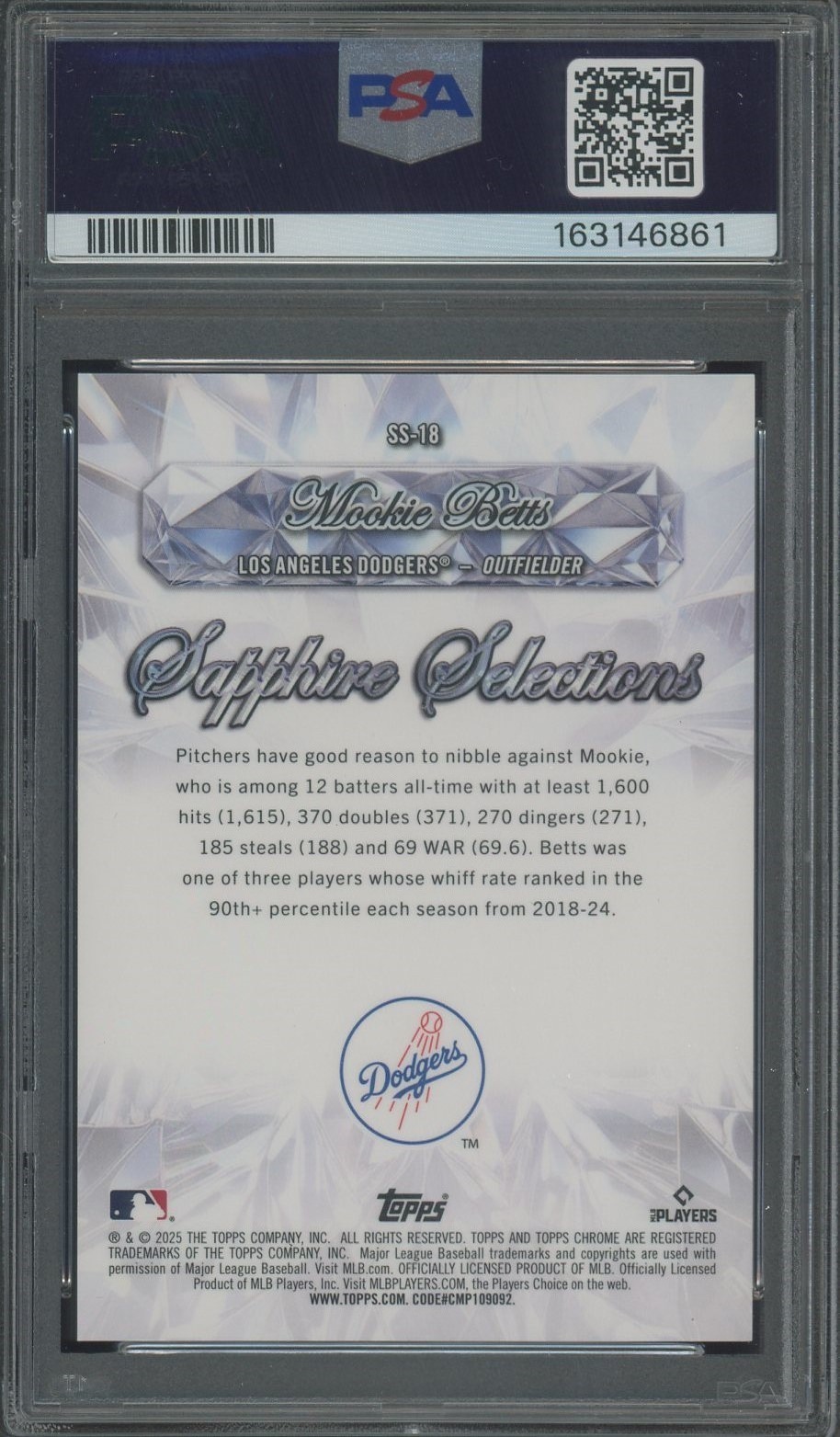 2025 Topps Chrome Sapphire Selections Orange Mookie Betts Dodgers /25 PSA 10 view 2