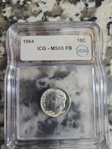 1964 Roosevelt Dime 90% Silver. ICG-MS65 FB. Full Bands
