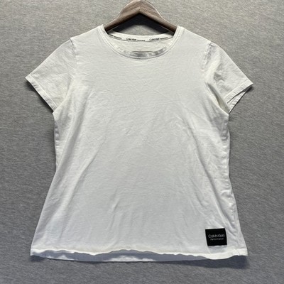 Calvin Klein Performance T Shirt Womens L White Patch Logo Cap Sleeve Crew Neck