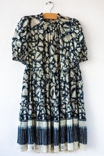 ULLA JOHNSON Dahlia Dress Blue Batik Short Puff Sleeves Crew Neck Silk Lurex 6