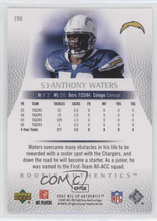 2007 SP Authentic Rookie Authentics /999 Anthony Waters #196 Rookie RC - Image 2 of 2