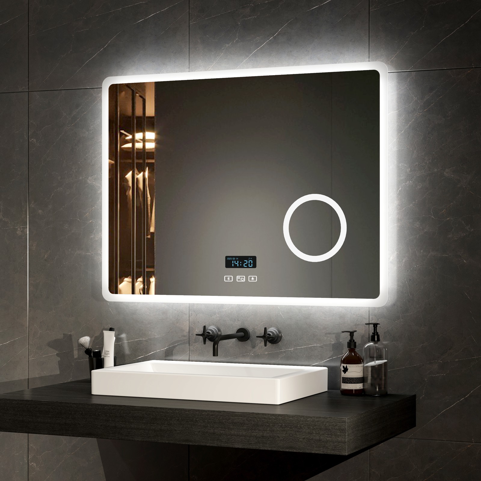 EMKE LED Bathroom Mirror With Bluetooth Clock Dimmable 3x Magnifier Demister Pad