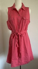 Vtg Guess Linen Shirt Dress Size M Pink Collared Utility Tie Waist Button Front