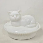 Vintage Westmoreland White Milk Glass Cat on Nest Basket Covered Candy Dish