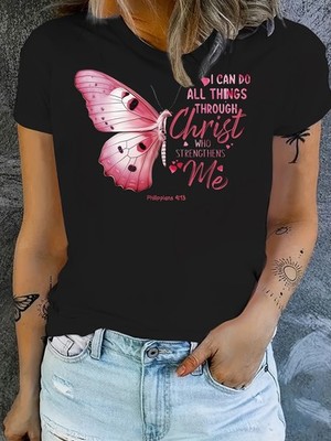 Women's Chic Bible Letter Print Tee - Comfy, Casual Short Sleeve Crew Neck 