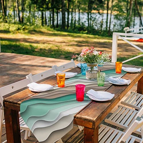 Green Brown Gradient Stripes Table Runner 90 inch,Geometric Dresser Scarves  - Image 2 of 4