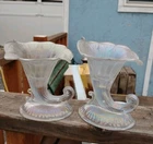 2 Vintage Carnival Glass Fenton Cornucopia Candle Holders Clear Stretch Glass