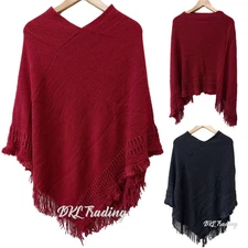 Women's Knit Poncho Shawl Wrap Basic Warm Pullover Fringe Tassel Sweater Chunky