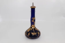 ANTIQUE COBALT BLUE BLOWN GLASS BARBER BOTTLE W/STOPPER-GOLD PAINTED FLOWERS