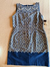 Chaps Geometric Sheath Dress Blue/White Size 14 Sleeveless Round Neck Lined