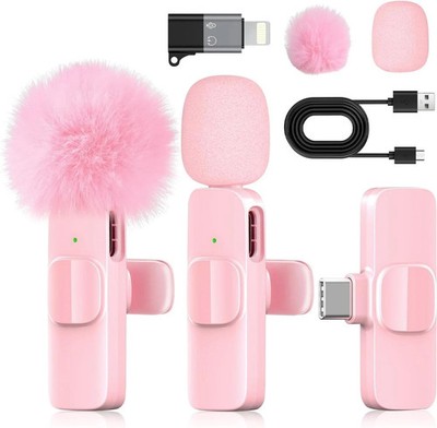 Pink Mini Wireless Microphone for iPhone  Android, Lavalier Microphone with N...