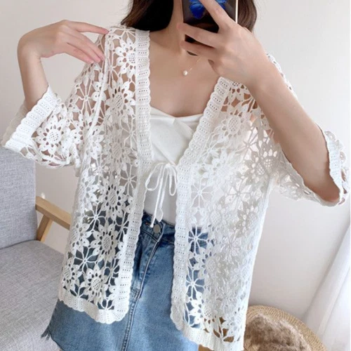 Women Lace Crochet Shrug Cardigan Top Jacket Hollow Knitted 3/4 Sleeve Shawl - Picture 2 of 31
