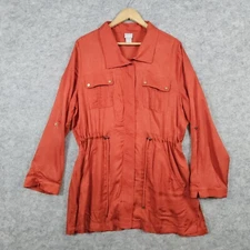 Chico's Women's Full Zip Long Jacket Size 2 (M) Orange Roll Tab Sleeves Pockets