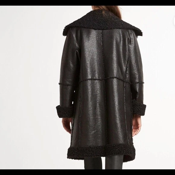 Elie Tahari Women Black Open-Front Faux-Shearling Sherpa-Trim Coat Jacket M - Image 4 of 4