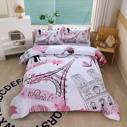 Romantic Pink Paris Style Comforter Set For Girls And Teens Queen