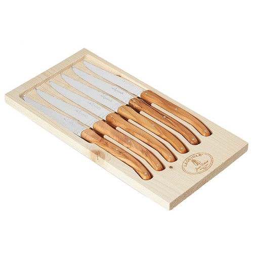 Jean Dubost Laguiole Rustic 6pc Steak Knife Set with Olive Wood Handles