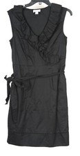 Loft Women’s Dress 6 Black A Line Ruffle V Neck Belted Sleeveless 100% Cotton