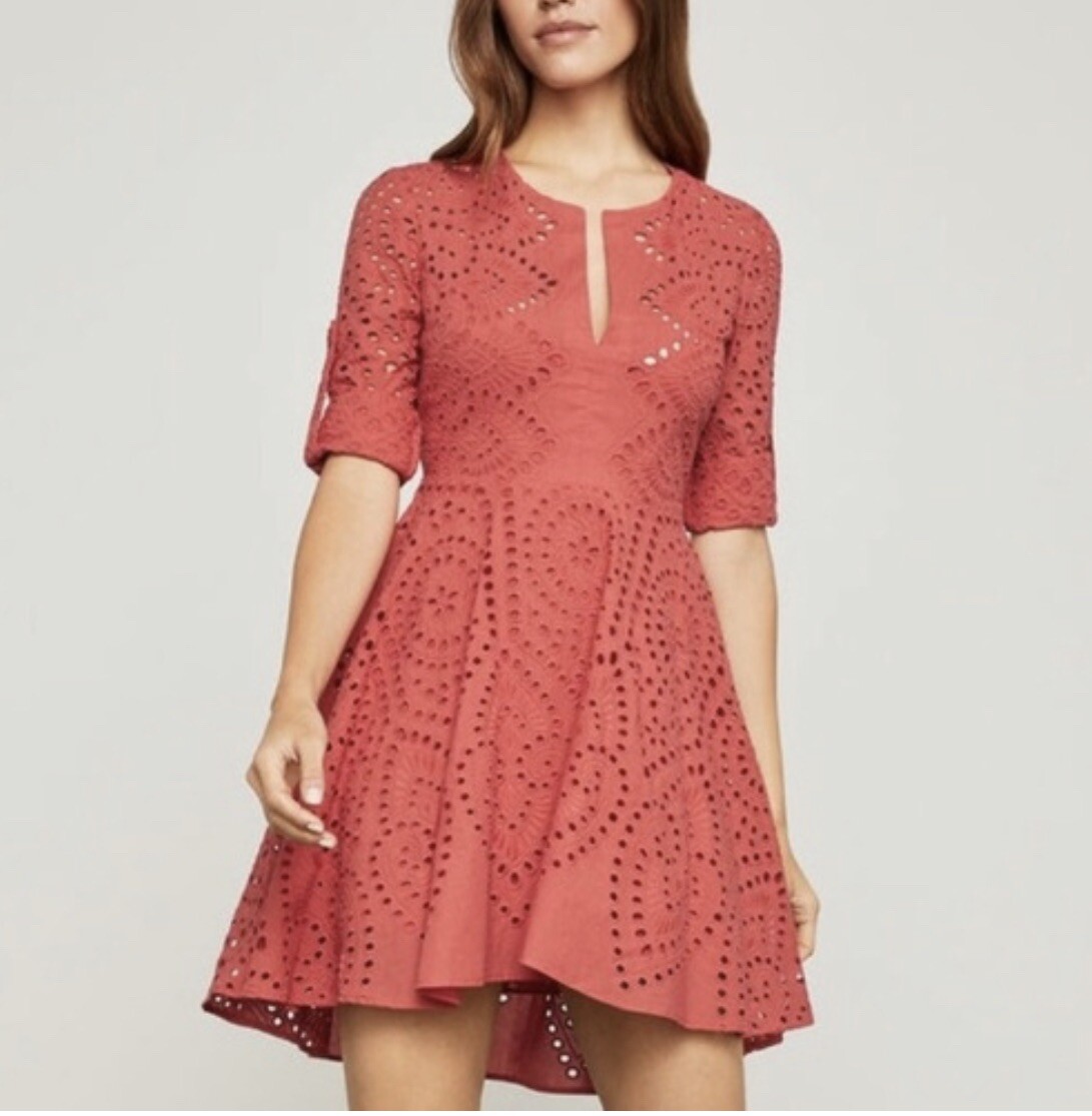 BCBG MAXAZRIA Cotton Eyelet Embroidery Dress XXS Rococo Red Fit