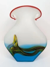 Vintage Art Glass Milky White Blue Vase with Multicolor Swirl Red Rim 10"